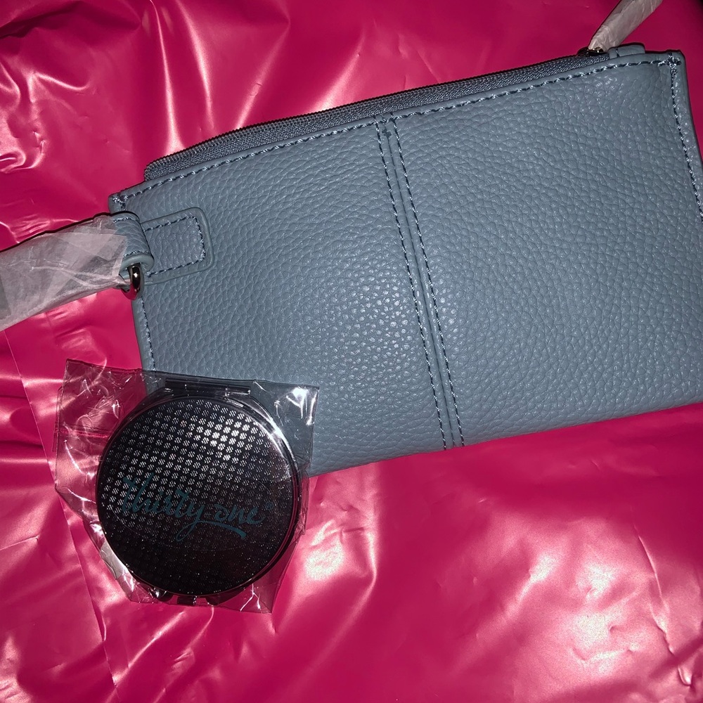 Small wristlet pouch w/ mirror compact. Hello Happy